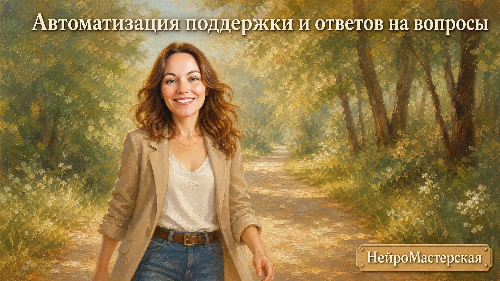 Женщина в блейзере идёт по лесной тропе в тёплом дневном свете. Обложка статьи об автоматизации ответов на вопросы с помощью ИИ для новичков. Стиль масляной живописи.