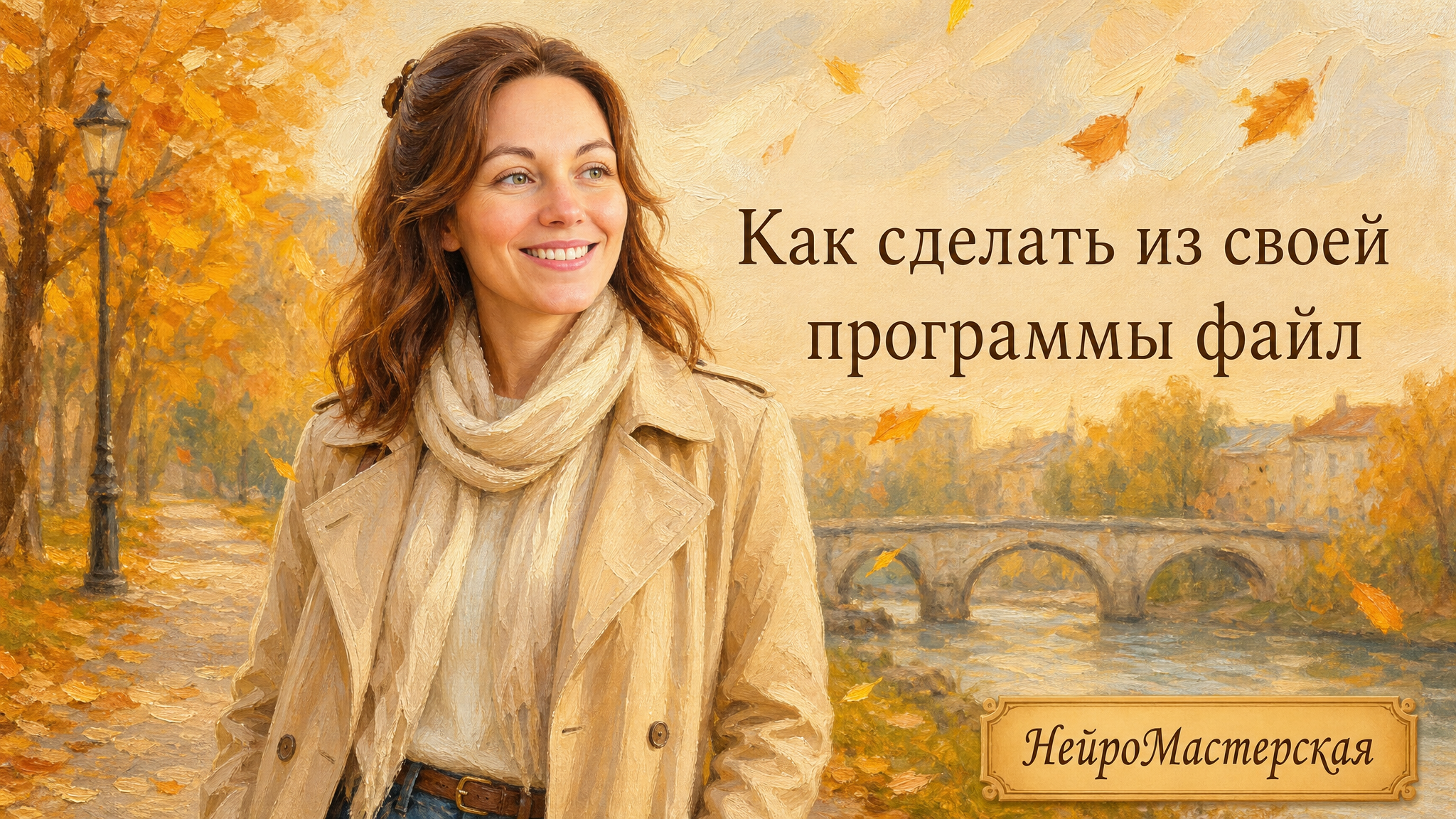 Тёплая масляная живопись: женщина в осеннем пальто идёт по парку, падающие листья, логотип НейроМастерская и заголовок «Как сделать из своей программы файл».