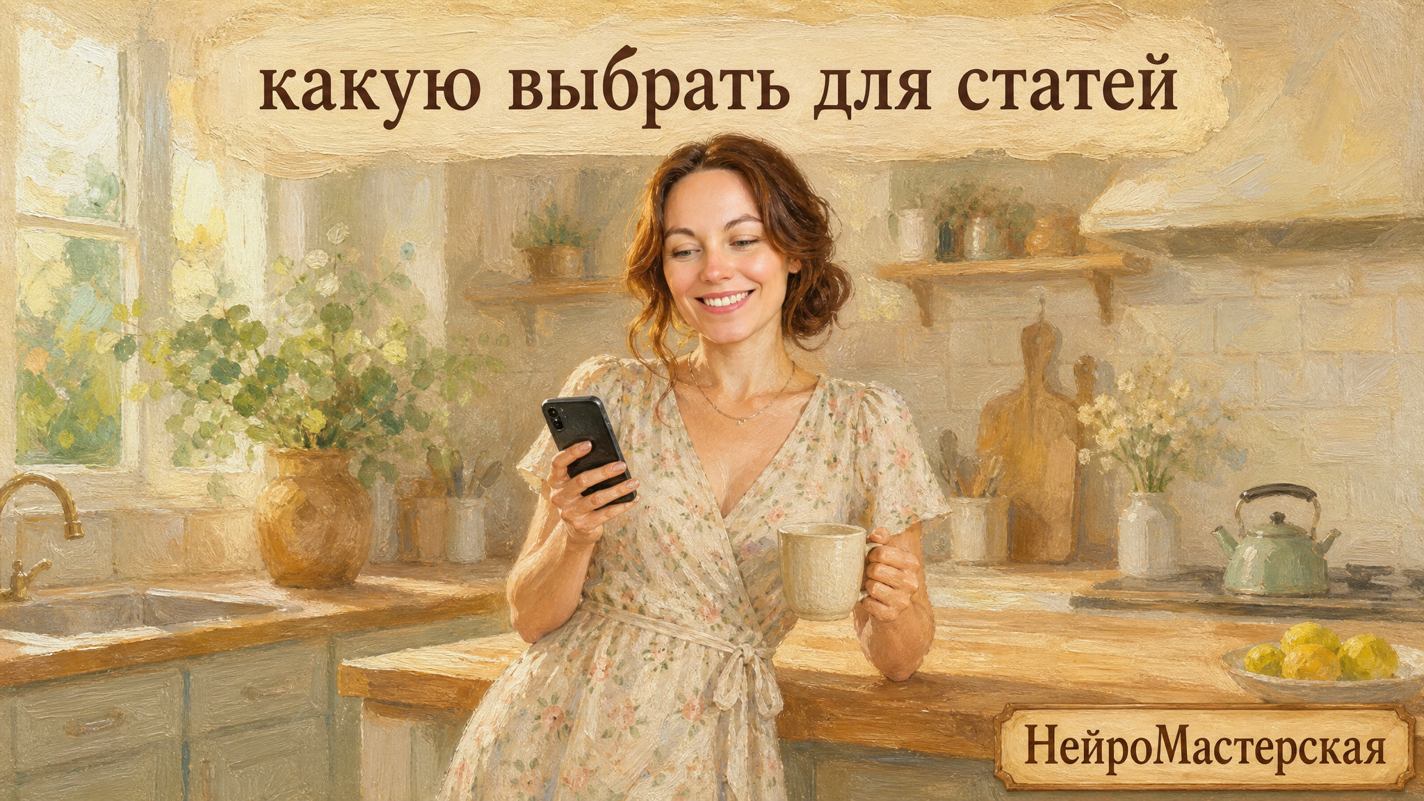 Женщина на кухне с телефоном и кружкой, улыбается, выбирает нейросеть для текста. Обложка статьи о том, какую нейросеть выбрать для статей, постов и заметок.