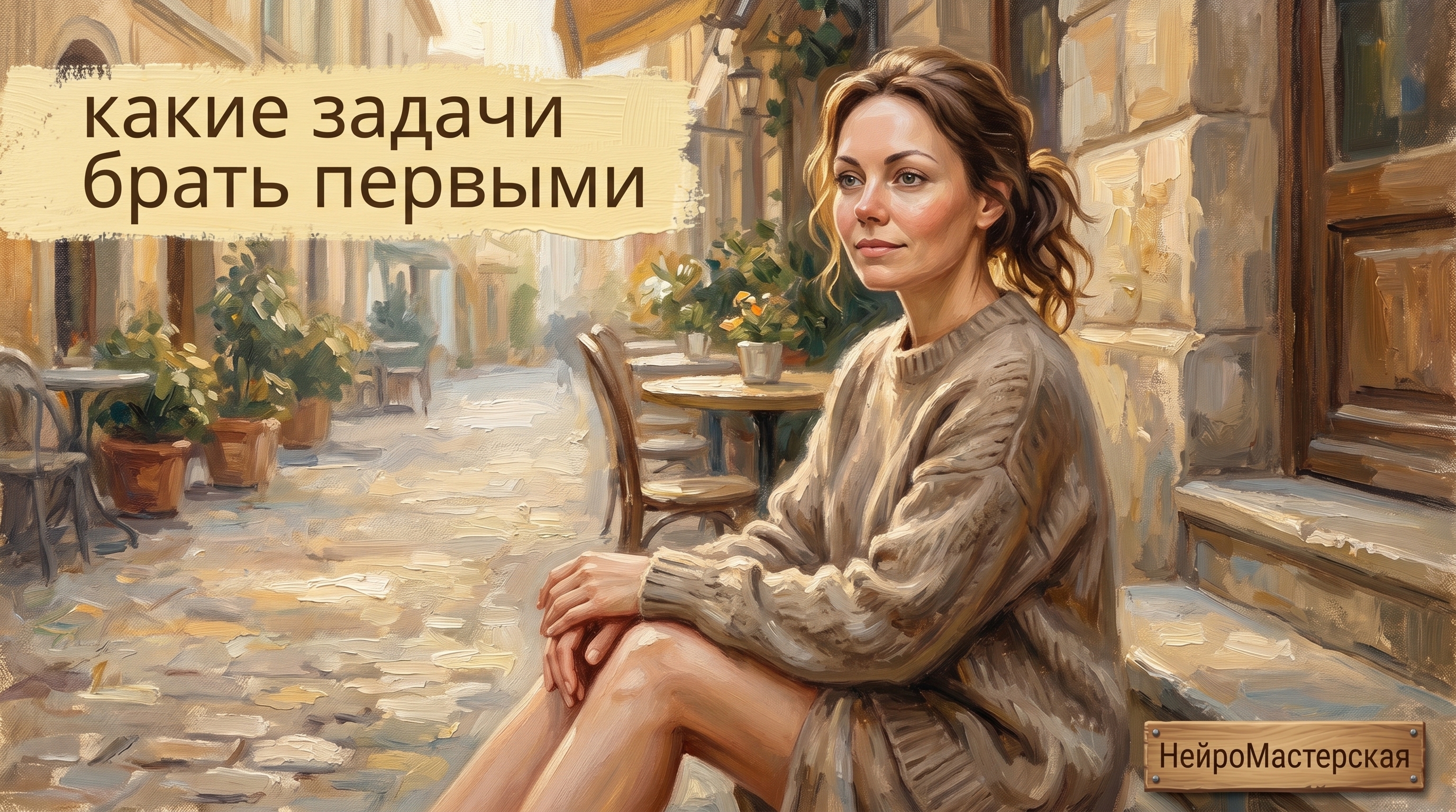 Женщина в вязаном свитере сидит на ступеньках кафе, спокойное выражение лица, тёплая масляная живопись. На обложке заголовок: какие задачи брать первыми.
